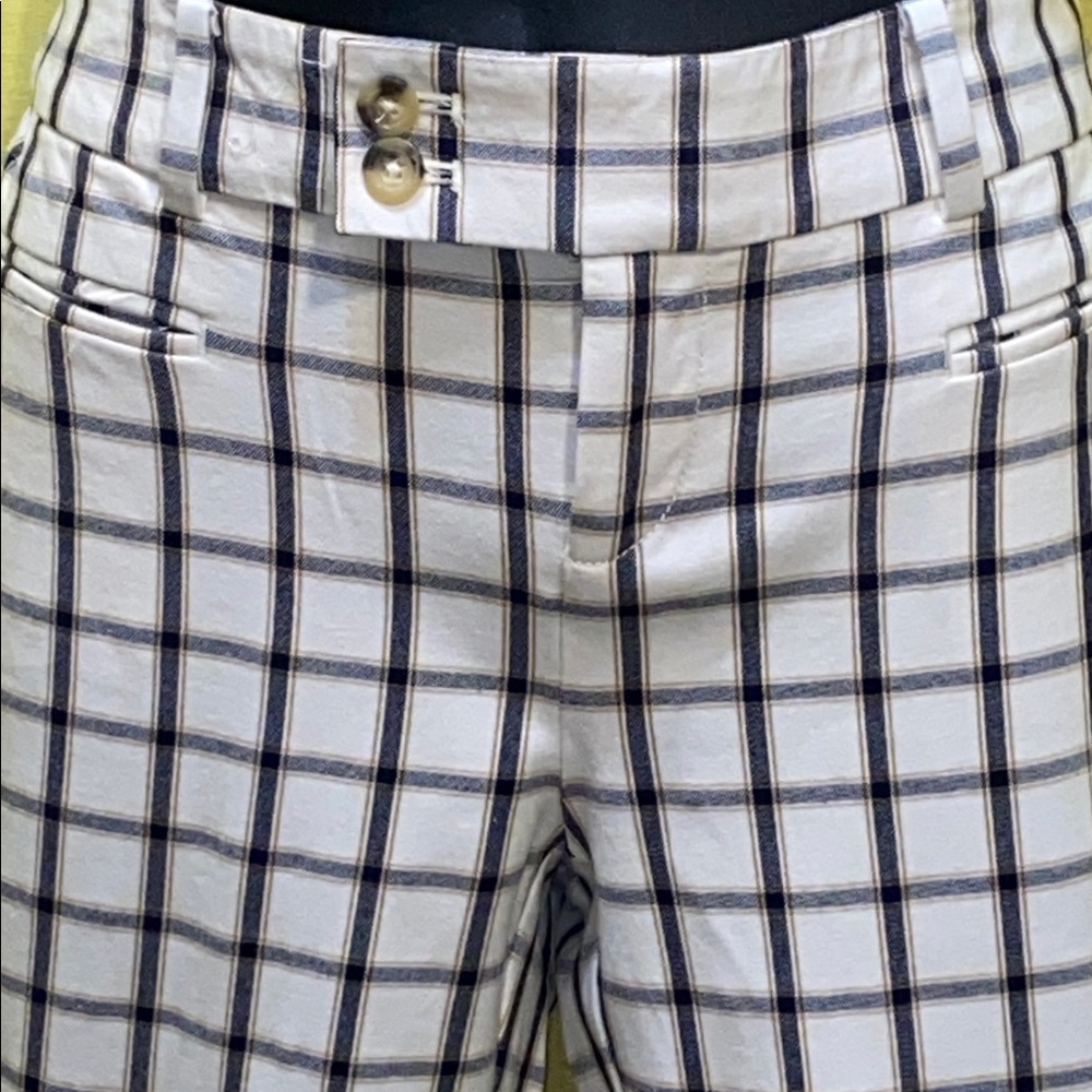 Anthropologie “The Essential Slim” Plaid Pants in Black, Cream & Gold SZ 4